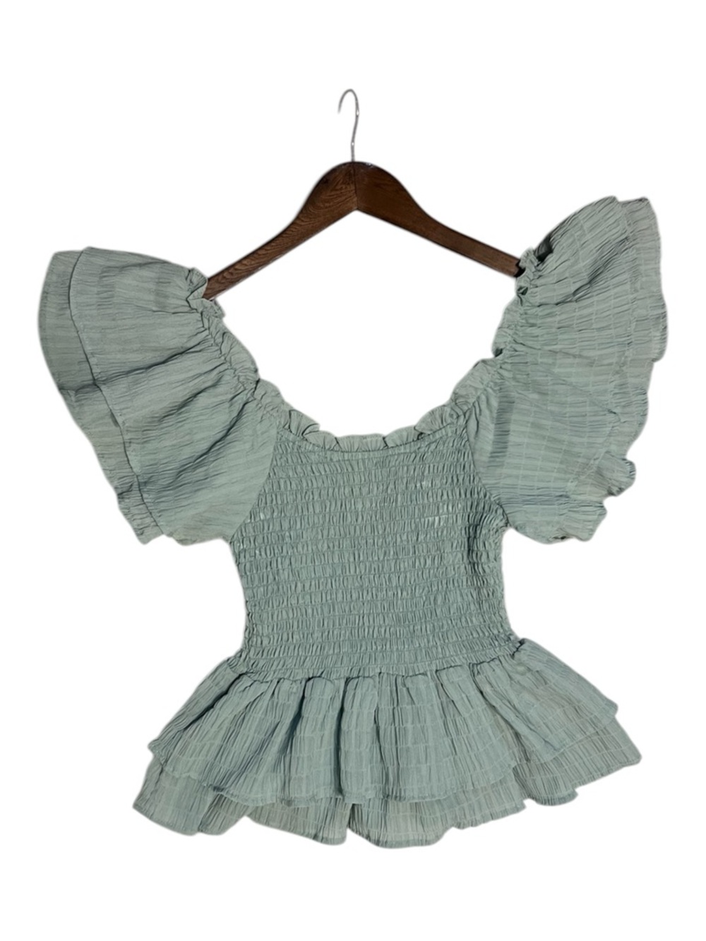 A. Calin by Flying Tomato Sage Green Smocked Ruffle Peplum Top Small Romantic